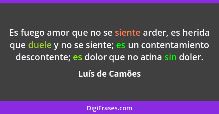 Es fuego amor que no se siente arder, es herida que duele y no se siente; es un contentamiento descontente; es dolor que no atina sin... - Luís de Camões