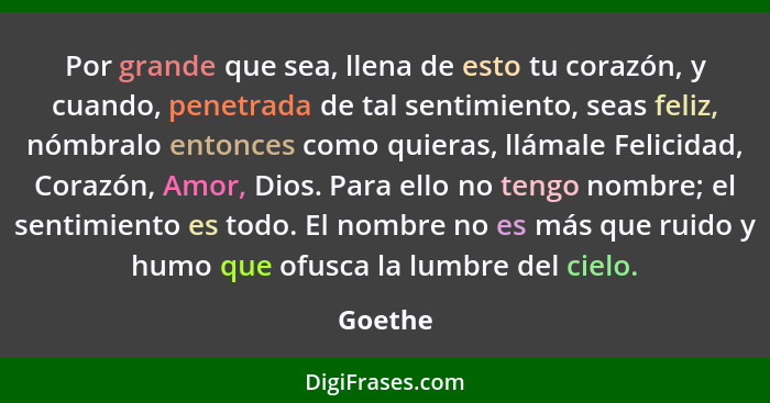 Por grande que sea, llena de esto tu corazón, y cuando, penetrada de tal sentimiento, seas feliz, nómbralo entonces como quieras, llámale Fel... - Goethe