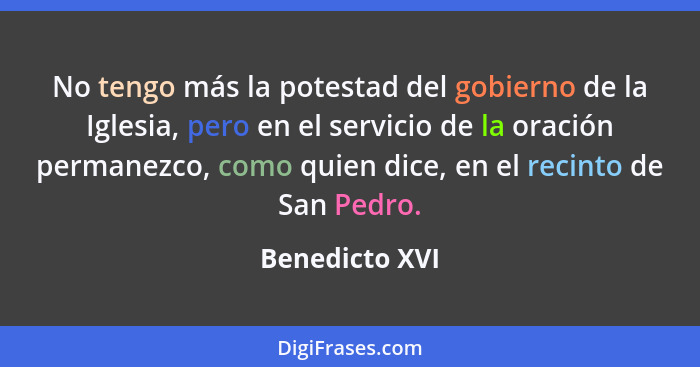 No tengo más la potestad del gobierno de la Iglesia, pero en el servicio de la oración permanezco, como quien dice, en el recinto de S... - Benedicto XVI