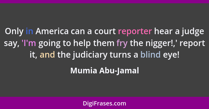 Only in America can a court reporter hear a judge say, 'I'm going to help them fry the nigger!,' report it, and the judiciary turns... - Mumia Abu-Jamal