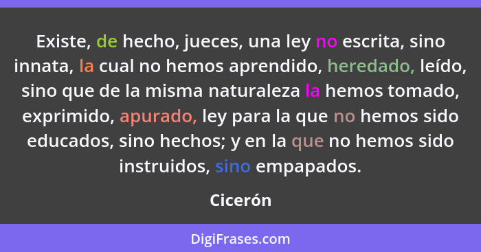 Existe, de hecho, jueces, una ley no escrita, sino innata, la cual no hemos aprendido, heredado, leído, sino que de la misma naturaleza la h... - Cicerón