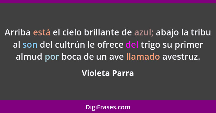 Arriba está el cielo brillante de azul; abajo la tribu al son del cultrún le ofrece del trigo su primer almud por boca de un ave llama... - Violeta Parra