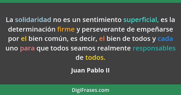 La solidaridad no es un sentimiento superficial, es la determinación firme y perseverante de empeñarse por el bien común, es decir, el... - Juan Pablo II