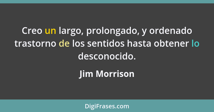 Creo un largo, prolongado, y ordenado trastorno de los sentidos hasta obtener lo desconocido.... - Jim Morrison