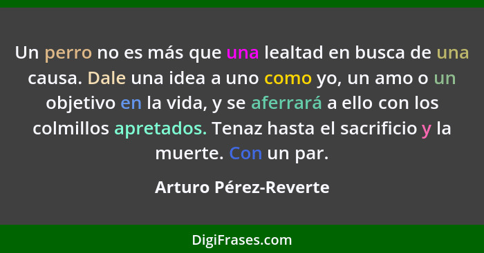 Un perro no es más que una lealtad en busca de una causa. Dale una idea a uno como yo, un amo o un objetivo en la vida, y se af... - Arturo Pérez-Reverte