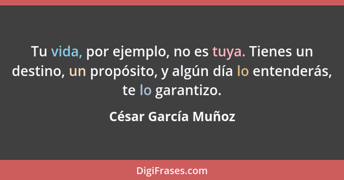 Tu vida, por ejemplo, no es tuya. Tienes un destino, un propósito, y algún día lo entenderás, te lo garantizo.... - César García Muñoz