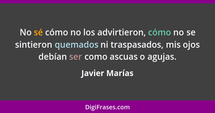 No sé cómo no los advirtieron, cómo no se sintieron quemados ni traspasados, mis ojos debían ser como ascuas o agujas.... - Javier Marías