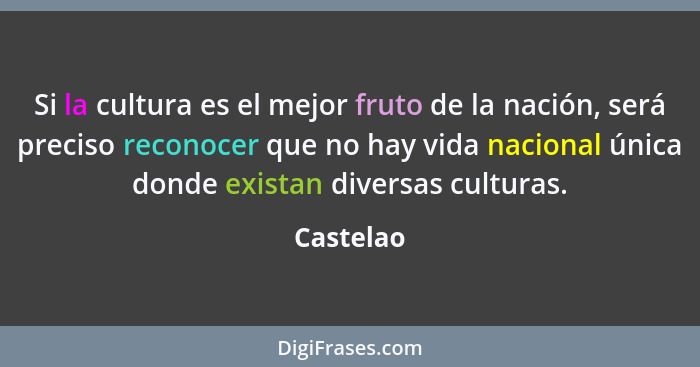 Si la cultura es el mejor fruto de la nación, será preciso reconocer que no hay vida nacional única donde existan diversas culturas.... - Castelao
