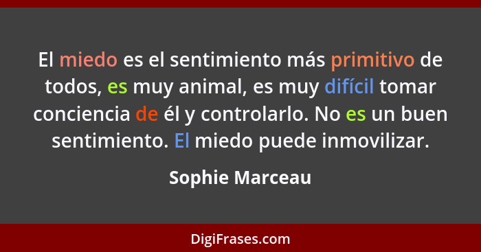 El miedo es el sentimiento más primitivo de todos, es muy animal, es muy difícil tomar conciencia de él y controlarlo. No es un buen... - Sophie Marceau