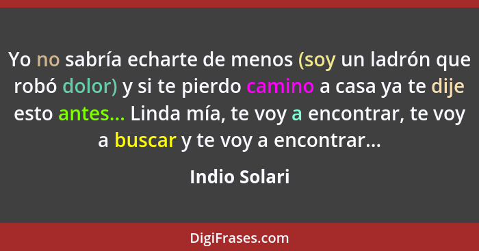 Yo no sabría echarte de menos (soy un ladrón que robó dolor) y si te pierdo camino a casa ya te dije esto antes... Linda mía, te voy a... - Indio Solari