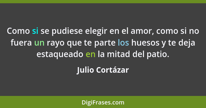 Como si se pudiese elegir en el amor, como si no fuera un rayo que te parte los huesos y te deja estaqueado en la mitad del patio.... - Julio Cortázar