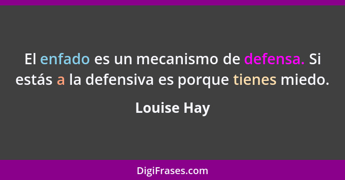 El enfado es un mecanismo de defensa. Si estás a la defensiva es porque tienes miedo.... - Louise Hay