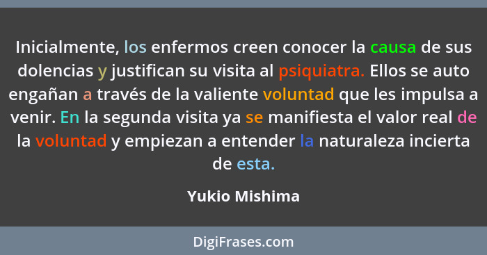 Inicialmente, los enfermos creen conocer la causa de sus dolencias y justifican su visita al psiquiatra. Ellos se auto engañan a travé... - Yukio Mishima