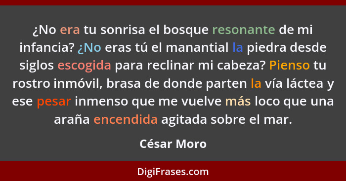 ¿No era tu sonrisa el bosque resonante de mi infancia? ¿No eras tú el manantial la piedra desde siglos escogida para reclinar mi cabeza?... - César Moro