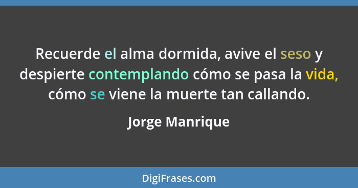 Recuerde el alma dormida, avive el seso y despierte contemplando cómo se pasa la vida, cómo se viene la muerte tan callando.... - Jorge Manrique