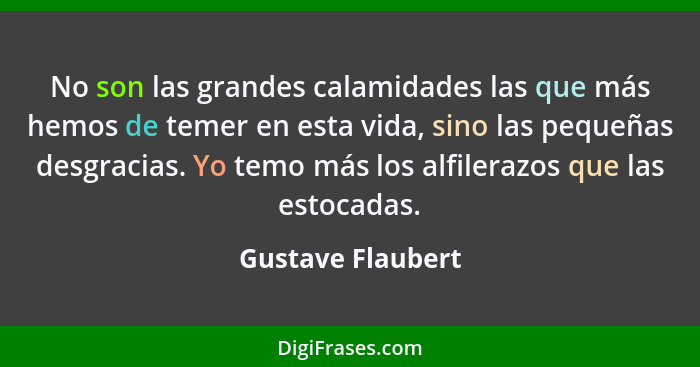 No son las grandes calamidades las que más hemos de temer en esta vida, sino las pequeñas desgracias. Yo temo más los alfilerazos q... - Gustave Flaubert