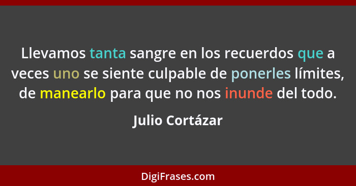 Llevamos tanta sangre en los recuerdos que a veces uno se siente culpable de ponerles límites, de manearlo para que no nos inunde del... - Julio Cortázar