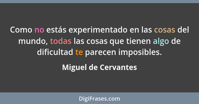 Como no estás experimentado en las cosas del mundo, todas las cosas que tienen algo de dificultad te parecen imposibles.... - Miguel de Cervantes