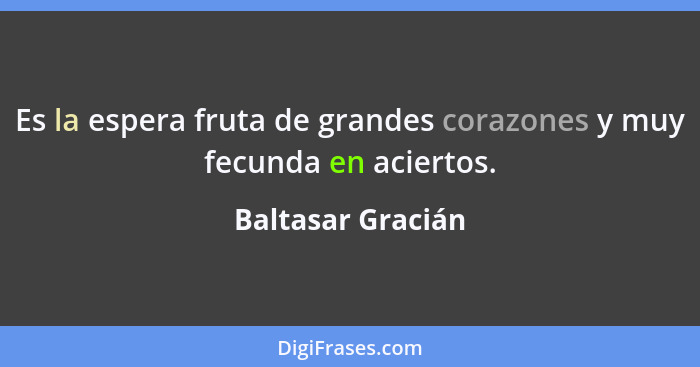 Es la espera fruta de grandes corazones y muy fecunda en aciertos.... - Baltasar Gracián