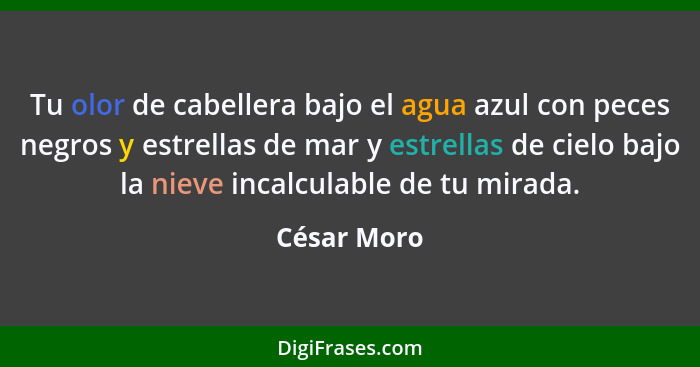 Tu olor de cabellera bajo el agua azul con peces negros y estrellas de mar y estrellas de cielo bajo la nieve incalculable de tu mirada.... - César Moro