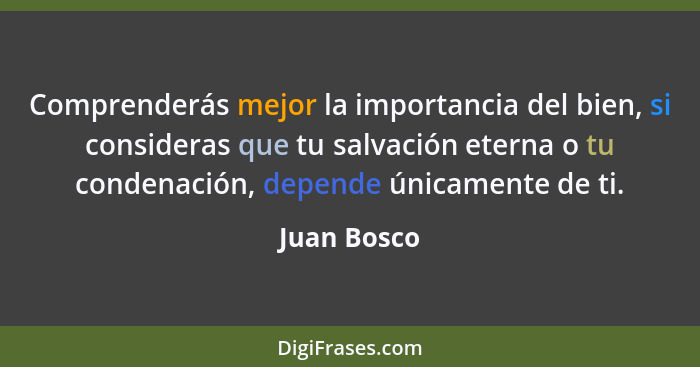 Comprenderás mejor la importancia del bien, si consideras que tu salvación eterna o tu condenación, depende únicamente de ti.... - Juan Bosco