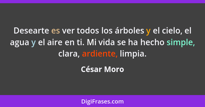 Desearte es ver todos los árboles y el cielo, el agua y el aire en ti. Mi vida se ha hecho simple, clara, ardiente, limpia.... - César Moro