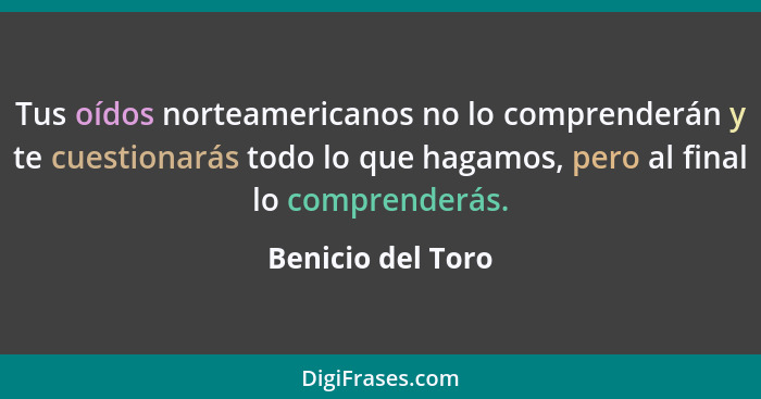 Tus oídos norteamericanos no lo comprenderán y te cuestionarás todo lo que hagamos, pero al final lo comprenderás.... - Benicio del Toro