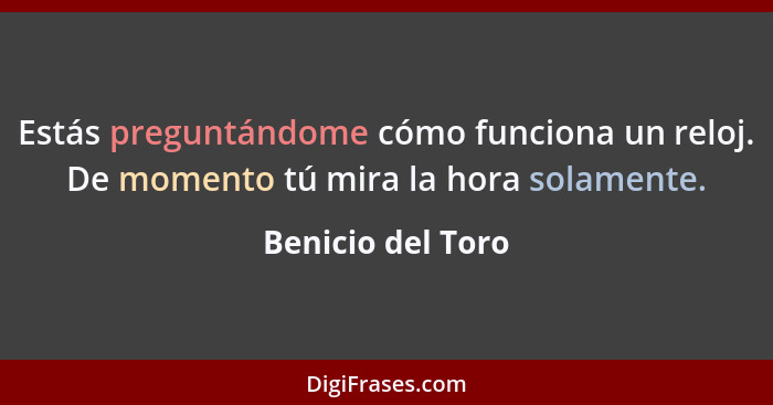 Estás preguntándome cómo funciona un reloj. De momento tú mira la hora solamente.... - Benicio del Toro