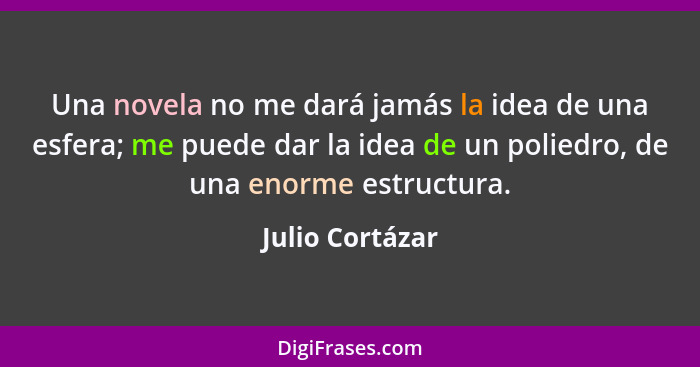 Una novela no me dará jamás la idea de una esfera; me puede dar la idea de un poliedro, de una enorme estructura.... - Julio Cortázar