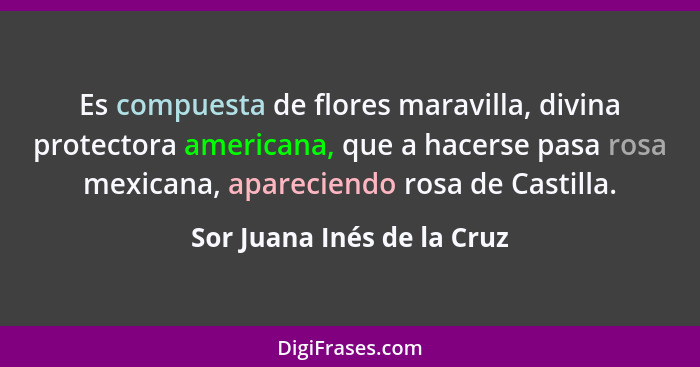 Es compuesta de flores maravilla, divina protectora americana, que a hacerse pasa rosa mexicana, apareciendo rosa de Casti... - Sor Juana Inés de la Cruz