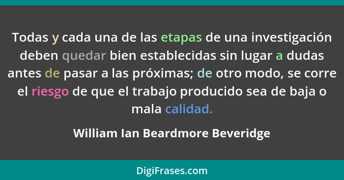 Todas y cada una de las etapas de una investigación deben quedar bien establecidas sin lugar a dudas antes de pasar... - William Ian Beardmore Beveridge