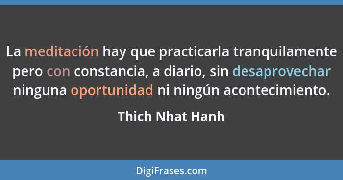 La meditación hay que practicarla tranquilamente pero con constancia, a diario, sin desaprovechar ninguna oportunidad ni ningún acon... - Thich Nhat Hanh