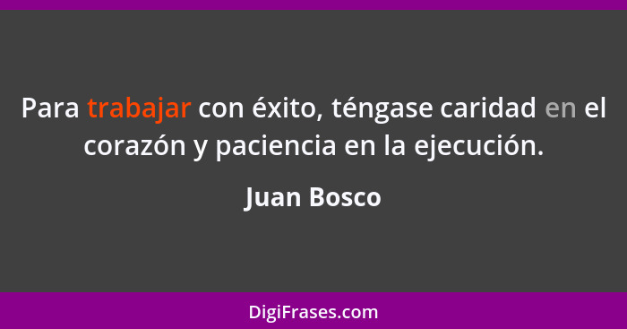 Para trabajar con éxito, téngase caridad en el corazón y paciencia en la ejecución.... - Juan Bosco