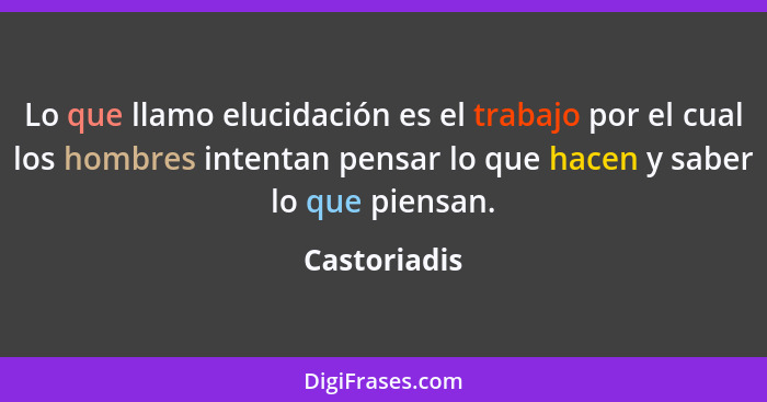 Lo que llamo elucidación es el trabajo por el cual los hombres intentan pensar lo que hacen y saber lo que piensan.... - Castoriadis