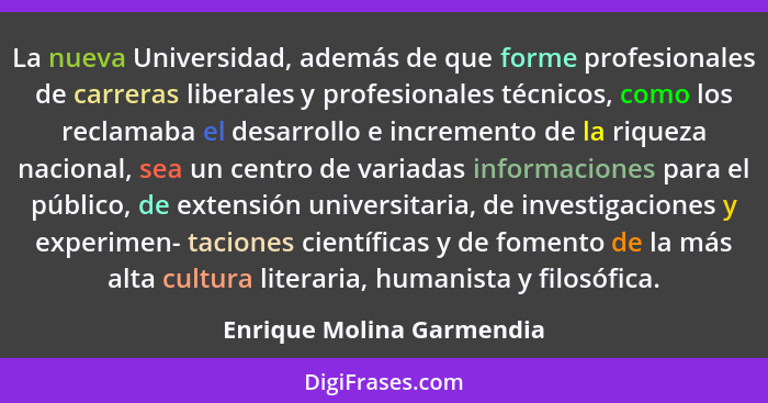 La nueva Universidad, además de que forme profesionales de carreras liberales y profesionales técnicos, como los reclamaba... - Enrique Molina Garmendia