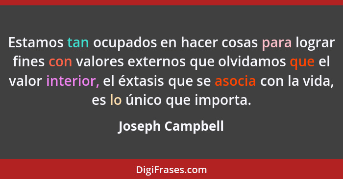 Estamos tan ocupados en hacer cosas para lograr fines con valores externos que olvidamos que el valor interior, el éxtasis que se as... - Joseph Campbell