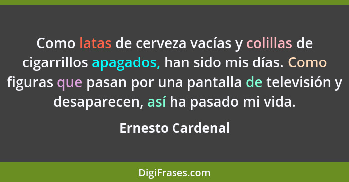 Como latas de cerveza vacías y colillas de cigarrillos apagados, han sido mis días. Como figuras que pasan por una pantalla de tele... - Ernesto Cardenal