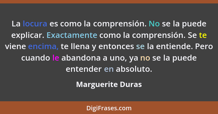 La locura es como la comprensión. No se la puede explicar. Exactamente como la comprensión. Se te viene encima, te llena y entonces... - Marguerite Duras