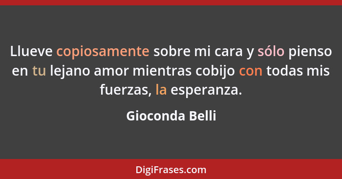 Llueve copiosamente sobre mi cara y sólo pienso en tu lejano amor mientras cobijo con todas mis fuerzas, la esperanza.... - Gioconda Belli