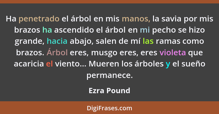 Ha penetrado el árbol en mis manos, la savia por mis brazos ha ascendido el árbol en mi pecho se hizo grande, hacia abajo, salen de mí la... - Ezra Pound