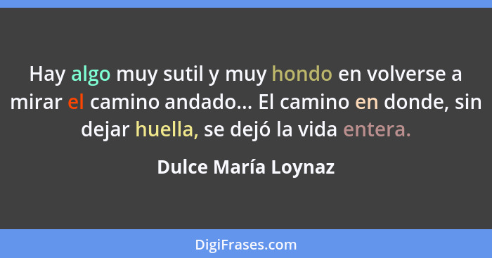 Hay algo muy sutil y muy hondo en volverse a mirar el camino andado... El camino en donde, sin dejar huella, se dejó la vida ente... - Dulce María Loynaz