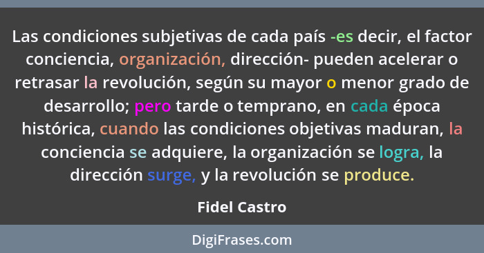 Las condiciones subjetivas de cada país -es decir, el factor conciencia, organización, dirección- pueden acelerar o retrasar la revoluc... - Fidel Castro