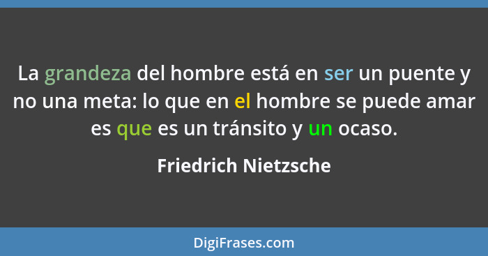 La grandeza del hombre está en ser un puente y no una meta: lo que en el hombre se puede amar es que es un tránsito y un ocaso.... - Friedrich Nietzsche