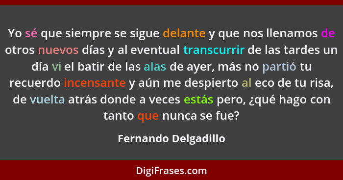 Yo sé que siempre se sigue delante y que nos llenamos de otros nuevos días y al eventual transcurrir de las tardes un día vi el... - Fernando Delgadillo