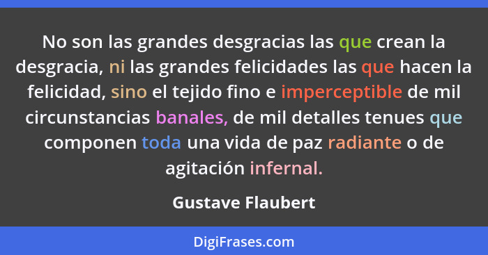 No son las grandes desgracias las que crean la desgracia, ni las grandes felicidades las que hacen la felicidad, sino el tejido fin... - Gustave Flaubert