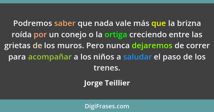 Podremos saber que nada vale más que la brizna roída por un conejo o la ortiga creciendo entre las grietas de los muros. Pero nunca d... - Jorge Teillier