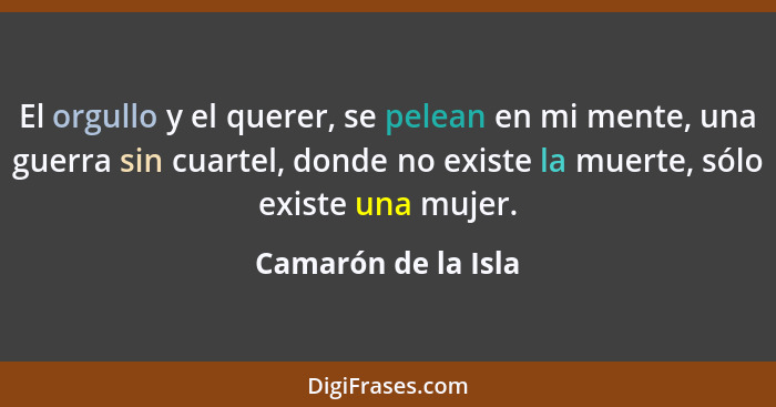 El orgullo y el querer, se pelean en mi mente, una guerra sin cuartel, donde no existe la muerte, sólo existe una mujer.... - Camarón de la Isla