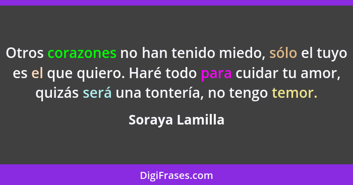 Otros corazones no han tenido miedo, sólo el tuyo es el que quiero. Haré todo para cuidar tu amor, quizás será una tontería, no tengo... - Soraya Lamilla