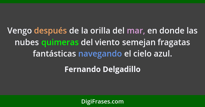 Vengo después de la orilla del mar, en donde las nubes quimeras del viento semejan fragatas fantásticas navegando el cielo azul.... - Fernando Delgadillo