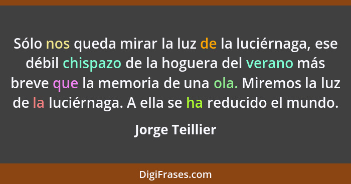 Sólo nos queda mirar la luz de la luciérnaga, ese débil chispazo de la hoguera del verano más breve que la memoria de una ola. Miremo... - Jorge Teillier